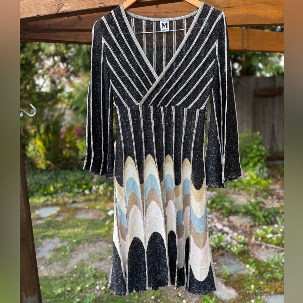 Missoni dress, Striped Black and Cream Dress, zig zag pleated, V neck dress